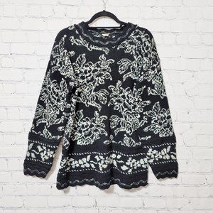 Vintage Holiday Time Black & Metallic Silver Floral Tunic Sweater ~ Medium